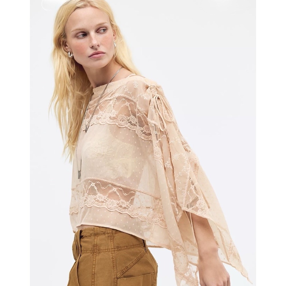 Free People Sofia Cape Top S Ivory Sheer Floral Lace Boho Coquette NWT